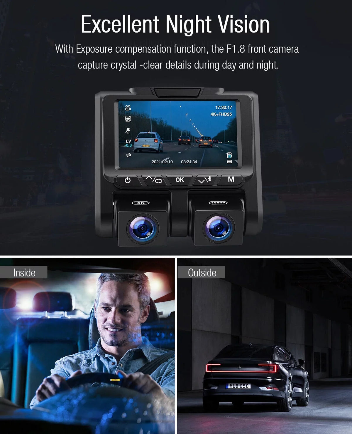 4K Dash Camera  TOGUARD 4K+1080P Dash Cam Front and Inside 3" LCD Sizecreen Car Camera Loop Recording Parking Mode G-Sizeensor