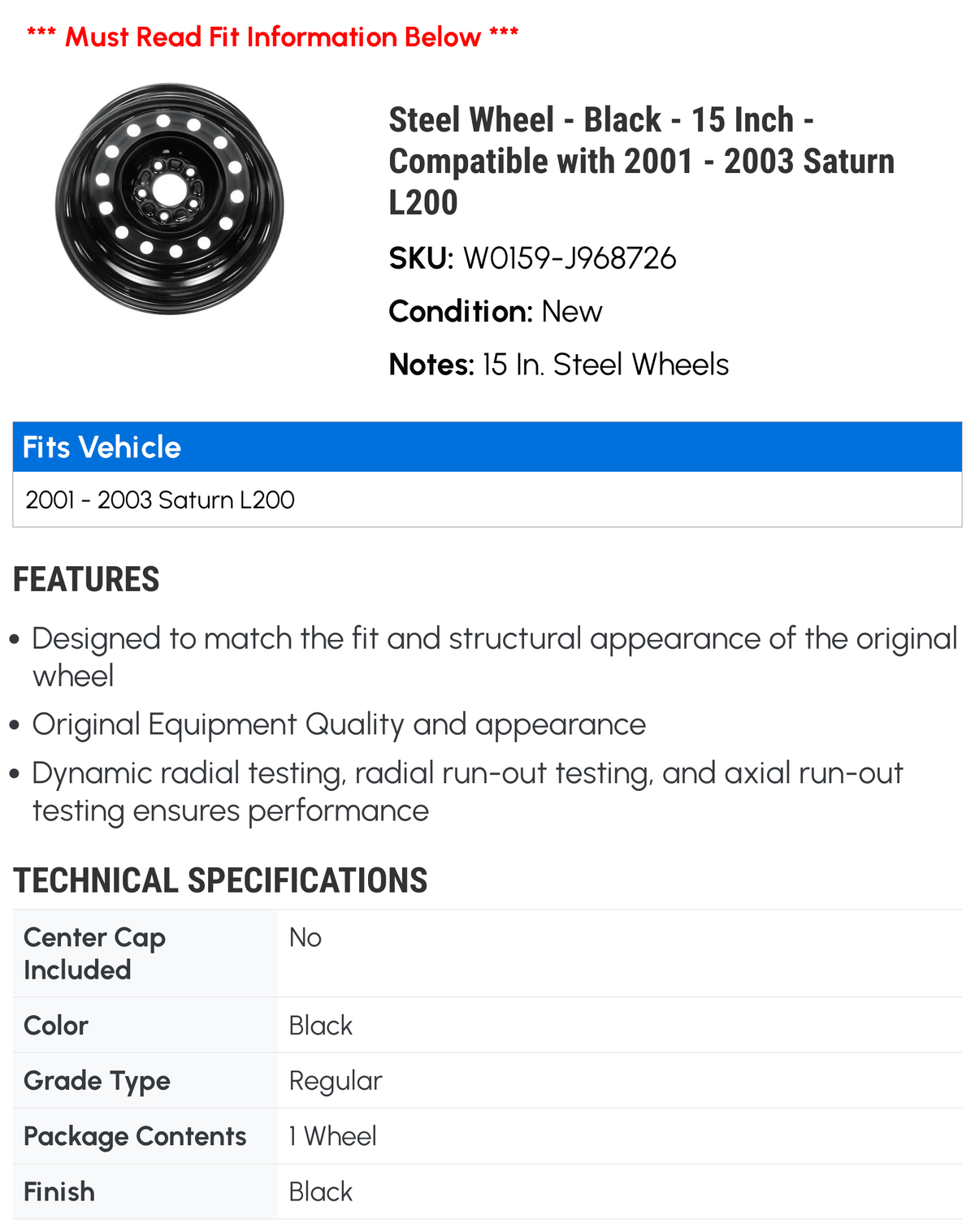 Sizeteel Wheel - Black - 15 Inch - Compatible with 2001 - 2003 Sizeaturn L200 2002