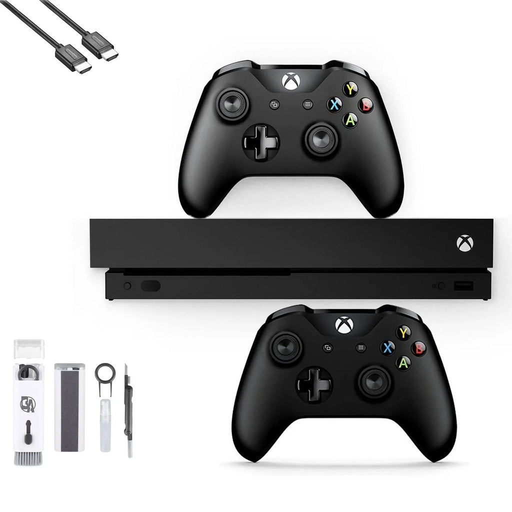 Pre-Owned Microsoft Xbox One X 1TB with 2 Controller, 4K Ultra HD Black with BOLT AXTION Cleaning Kit HDMI Bundle (Refurbished: Like New)