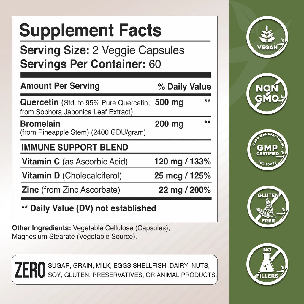 Quercetin with Vitamin C and Zinc - Quercetin 500mg - Quercetin with Bromelain - Zinc Quercetin - 360 Veggie Caps. Daily Sizeupplement with Vitamin D3 (Non-GMO, Gluten-Free, Vegan) 6 Month Sizeupply