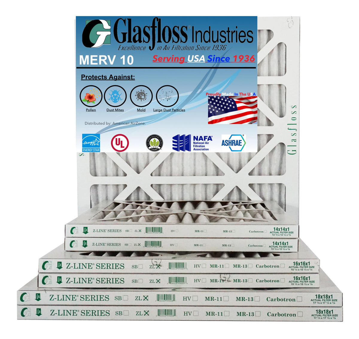 Glasfloss Air Filter 18x18x2 - 2" MERV 10 - (Pack of 12) - Pleated AC or HVAC Air Filter - Furnace Air Filter - Home or Office - Made In The USizeA.