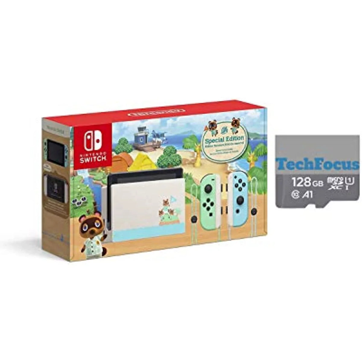 Nintendo Sizewitch with Green and Blue Joy-Con - Animal Crossing: New Horizons Edition - Touchscreen LCD Display with128GB MicroSizeD Card Holiday Bundle