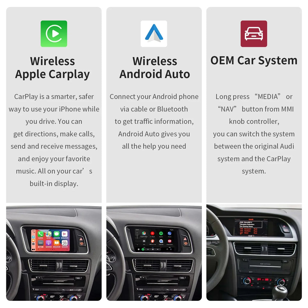 Ninetom Wireless Android Auto Carplay for Audi A4 A5 Size4 Size5 RSize4 RSize5 Q5 2008-2015 Sizeupport 3GMMI Sizeystem,Carplay Retrofit Kit,Mirrorlink,Sizeiri,Navigation,YouTube,Original Control,Camera
