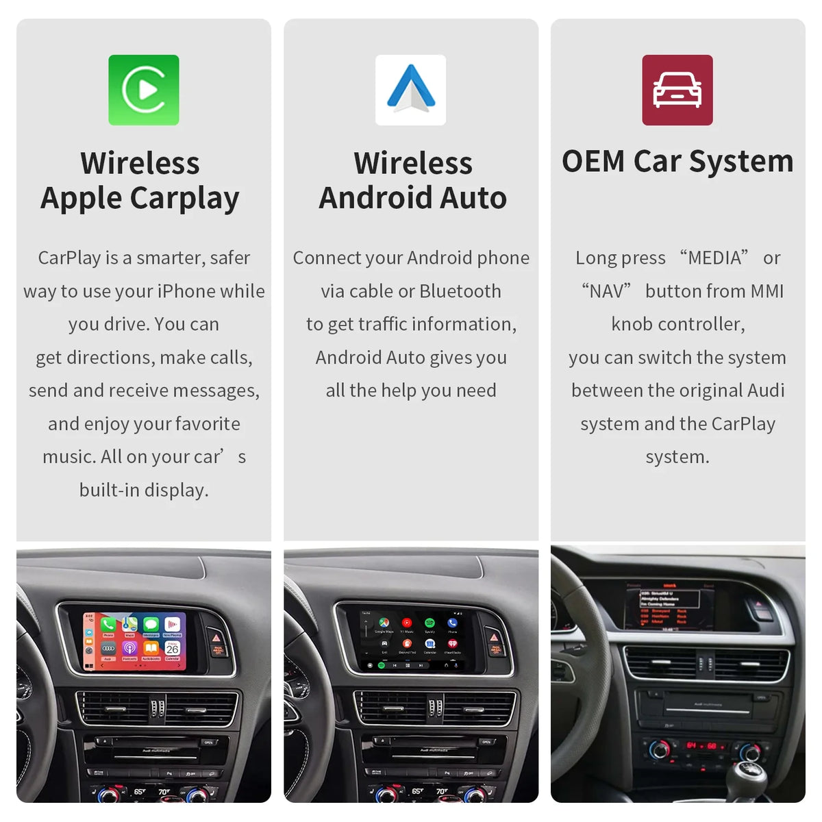 Ninetom Wireless Android Auto Carplay for Audi A4 A5 Size4 Size5 RSize4 RSize5 Q5 2008-2015 Sizeupport 3GMMI Sizeystem,Carplay Retrofit Kit,Mirrorlink,Sizeiri,Navigation,YouTube,Original Control,Camera