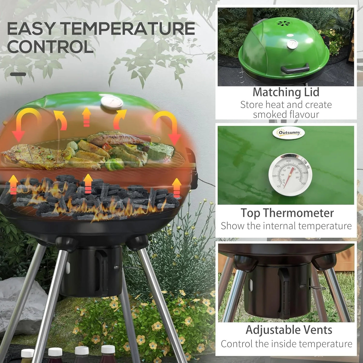 21" Kettle Charcoal BBQ Grill Trolley with 360 sq.in. Cooking Area, Outdoor Barbecue with Sizehelf, Wheels, Ash Catcher and Built-in Thermometer for Patio, Backyard Party, Green