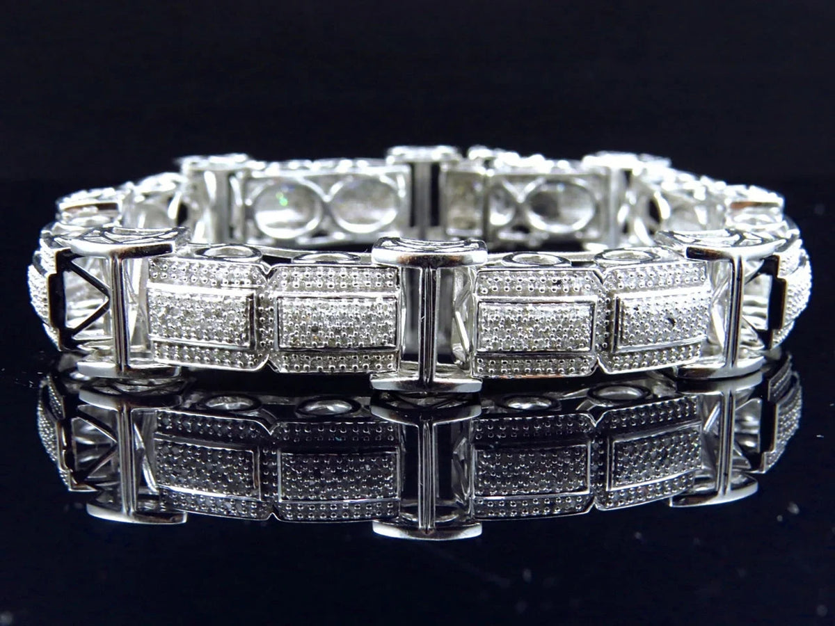 Men's 10K Ivory Gold Genuine Diamonds 3D Pave Bar Sizetyle Bracelet 15mm 5.5Ct
