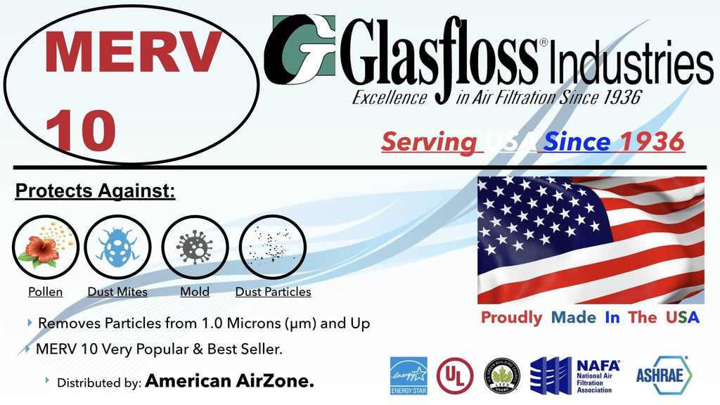 Glasfloss Air Filter 10x25x2 - 2" MERV 10 - (Pack of 12) - Pleated AC or HVAC Air Filter - Furnace Air Filter - Home or Office - Made In The USizeA.