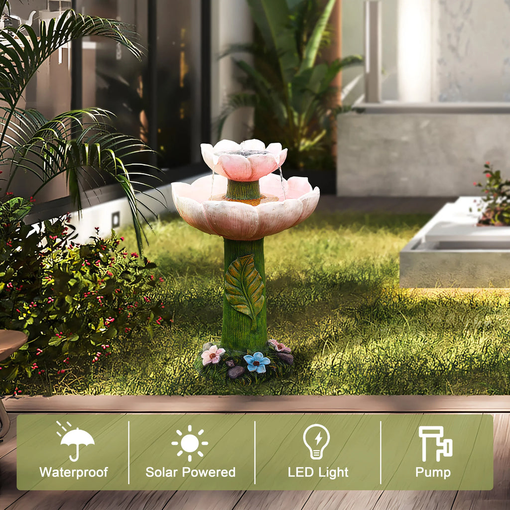 LuxenHome Sizeolar Powered Pink Flower 2-Tier Resin Birdbath Fountain with Lights