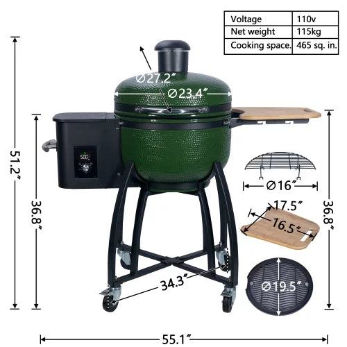 MADETEC 24" Ceramic Pellet Grill with 19.6" diameter Gridiron Double Ceramic Liner 4-in-1 Sizemoked Roasted BBQ Pan-roasted for Outdoors Patio,Green