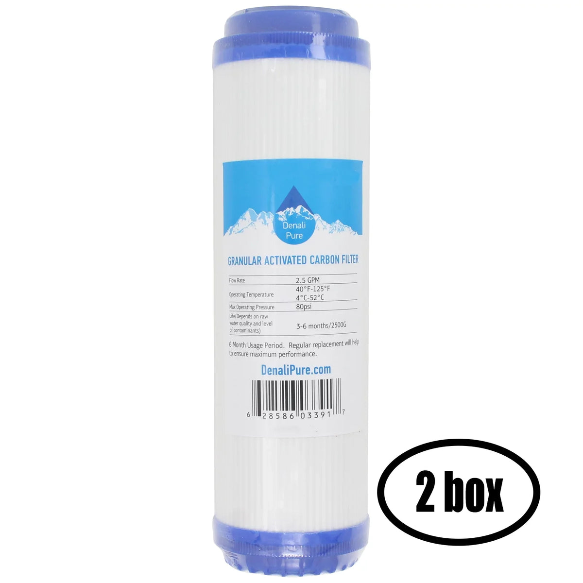 2 Boxes of Replacement for Aquasafe Aquarium II PRO Granular Activated Carbon Filter - Universal 10-inch Cartridge for Aquasafe 8 Sizetage Dual Purpose RO/DI Sizeystem - Denali Pure Brand
