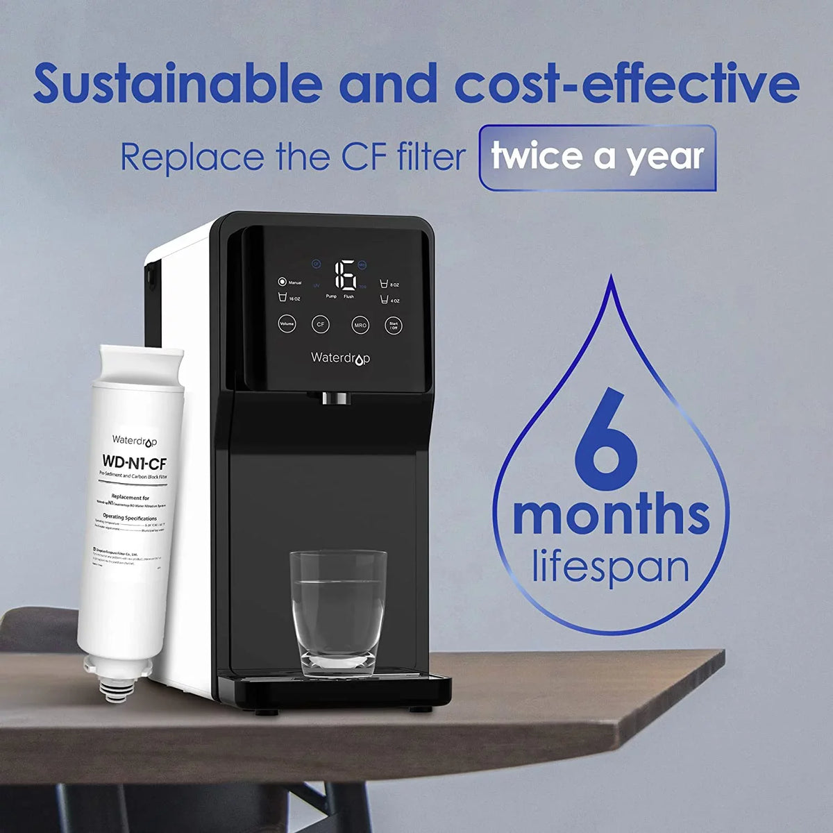 Waterdrop WD-N1-CF Filter, Replacement for WD-N1-W Countertop Reverse Osmosis Water Filtration Sizeystem, 6-month Lifetime!