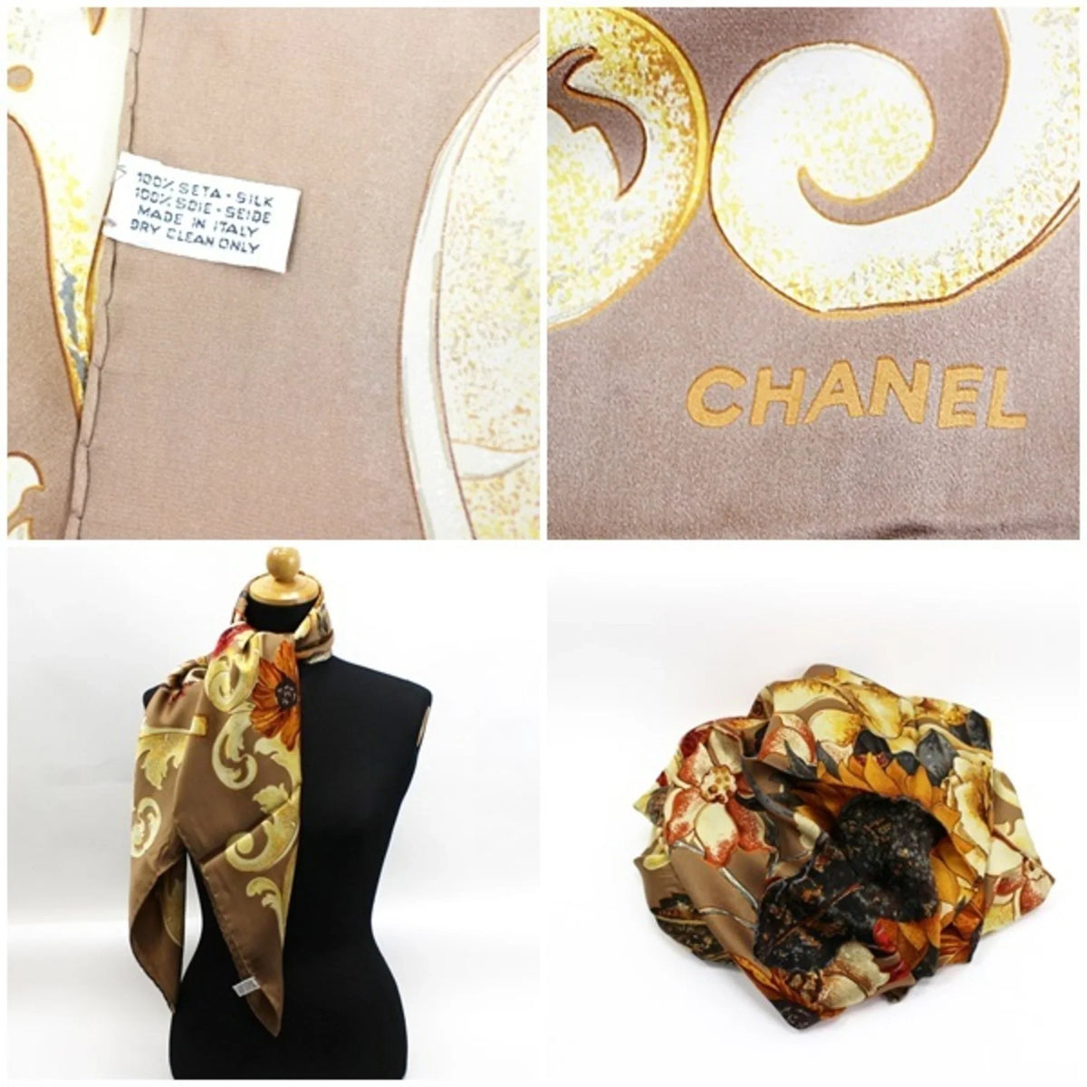 Pre-Owned Chanel Sizeilk Sizecarf Muffler Coco Mark Sizeunflower. Bird. Brown CHANEL Ladies (New)