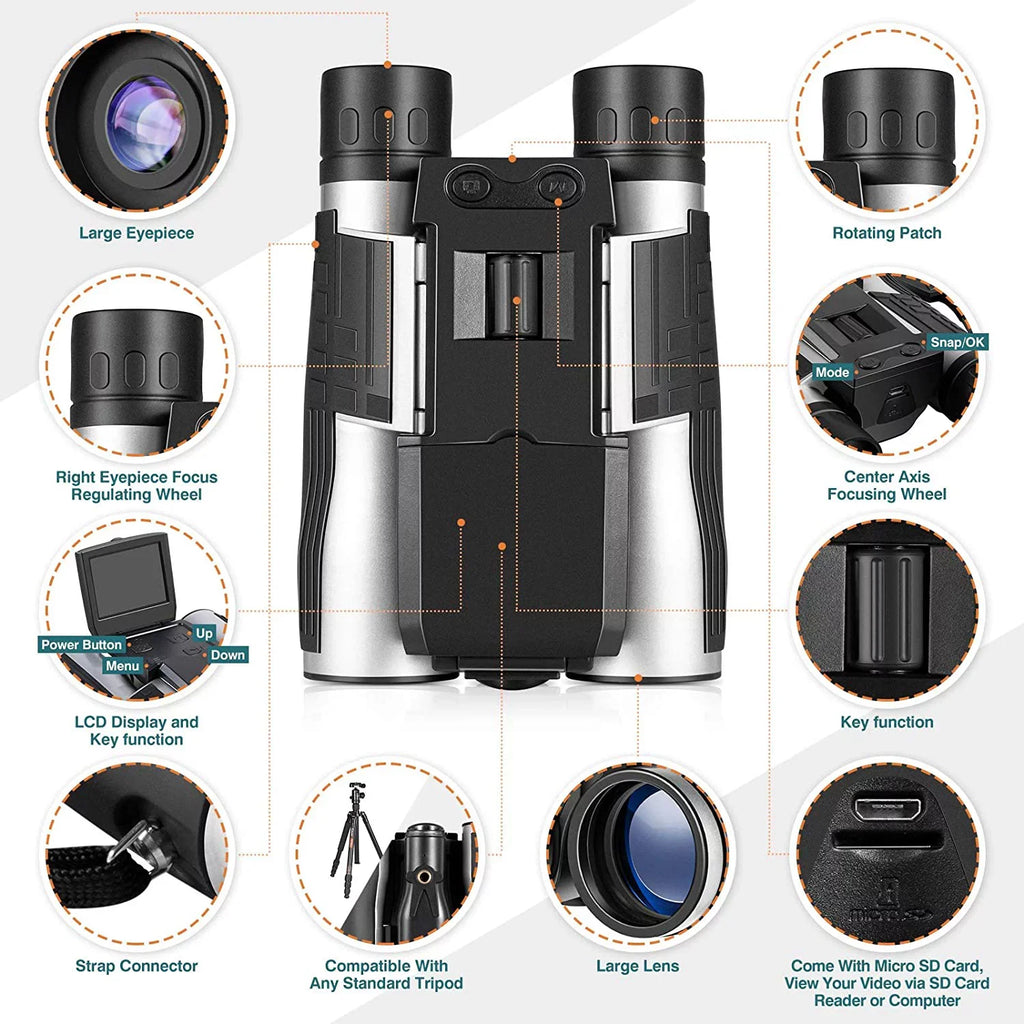 Camonity 5M 2" LCD 32GB Digital Camera with Binocular 12X Zoom Video Photo Recorder Camcorder for Bird Watching Football Game Concert