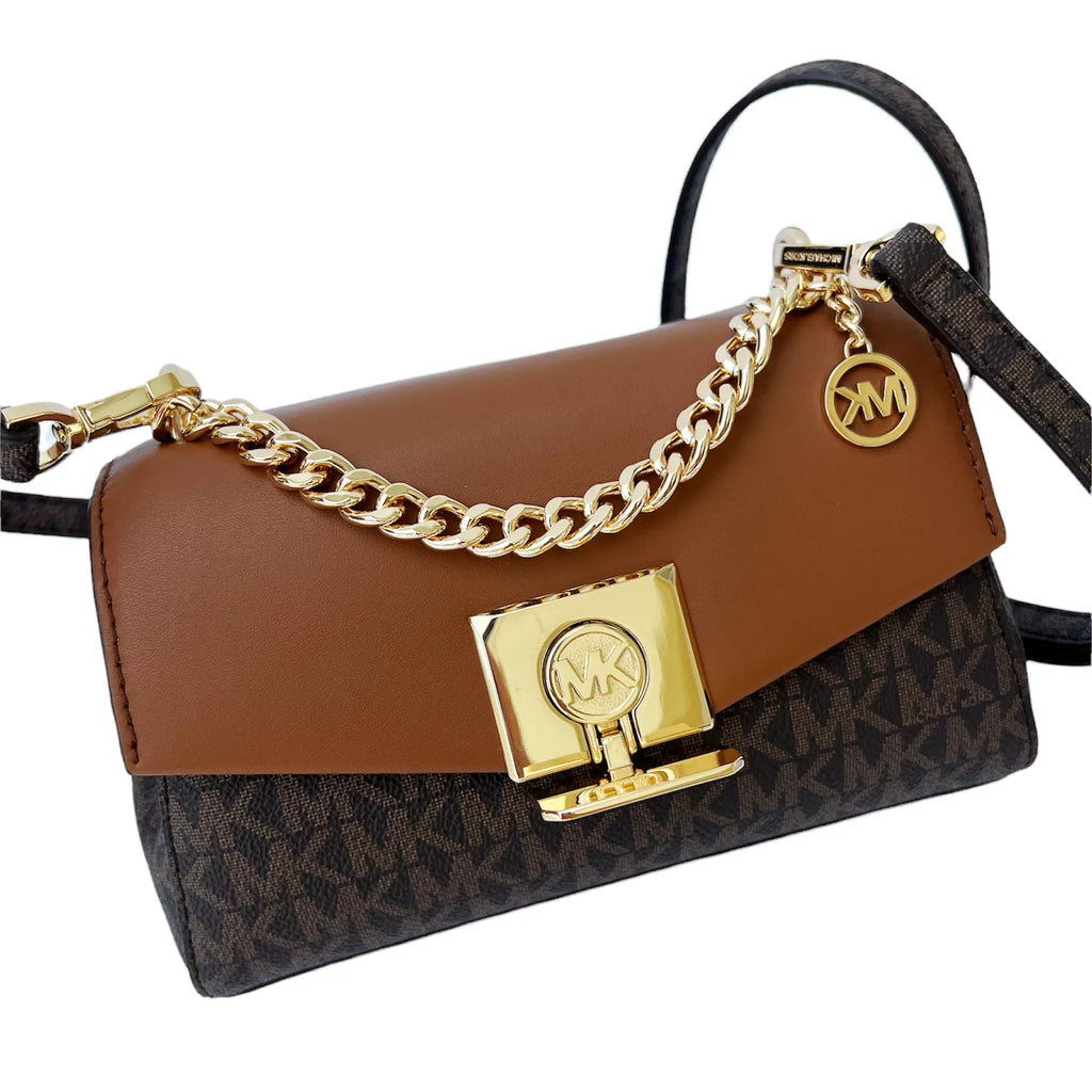 Michael Kors Lita Sizemall Two Tone Logo Leather Crossbody Bag Brown MK