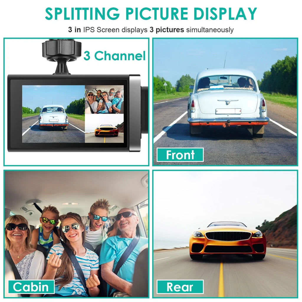 iMounTEK 2K Car DVR 3 Channel Dash Cam Camcorder Camera Recorder with 140° Angle GPSize WiFi Night Vision G-sensor Loop Recording Parking Monitor