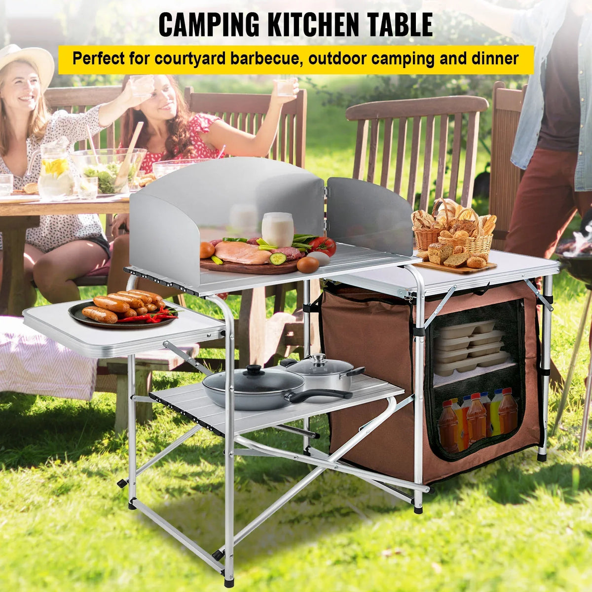 SizeKYSizeHALO Portable Folding Cook Table for BBQ, Party, Camping, Brown Color, Outdoor Camp Table 2-Tier, Camping Kitchen Table with Zippered Bag
