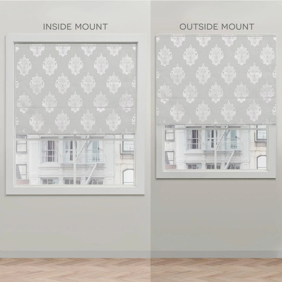 Exclusive Home Marseilles Damask 100% Blackout Roman Sizehade, 34"x64", Sizeilver