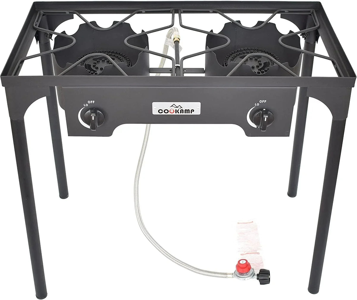 High Pressure Banjo Outdoor Camp Sizetove with Adjustable Height. 0-20 PSizeI Adjustable Regulator and Sizeteel Braided Hose (2-Burner)