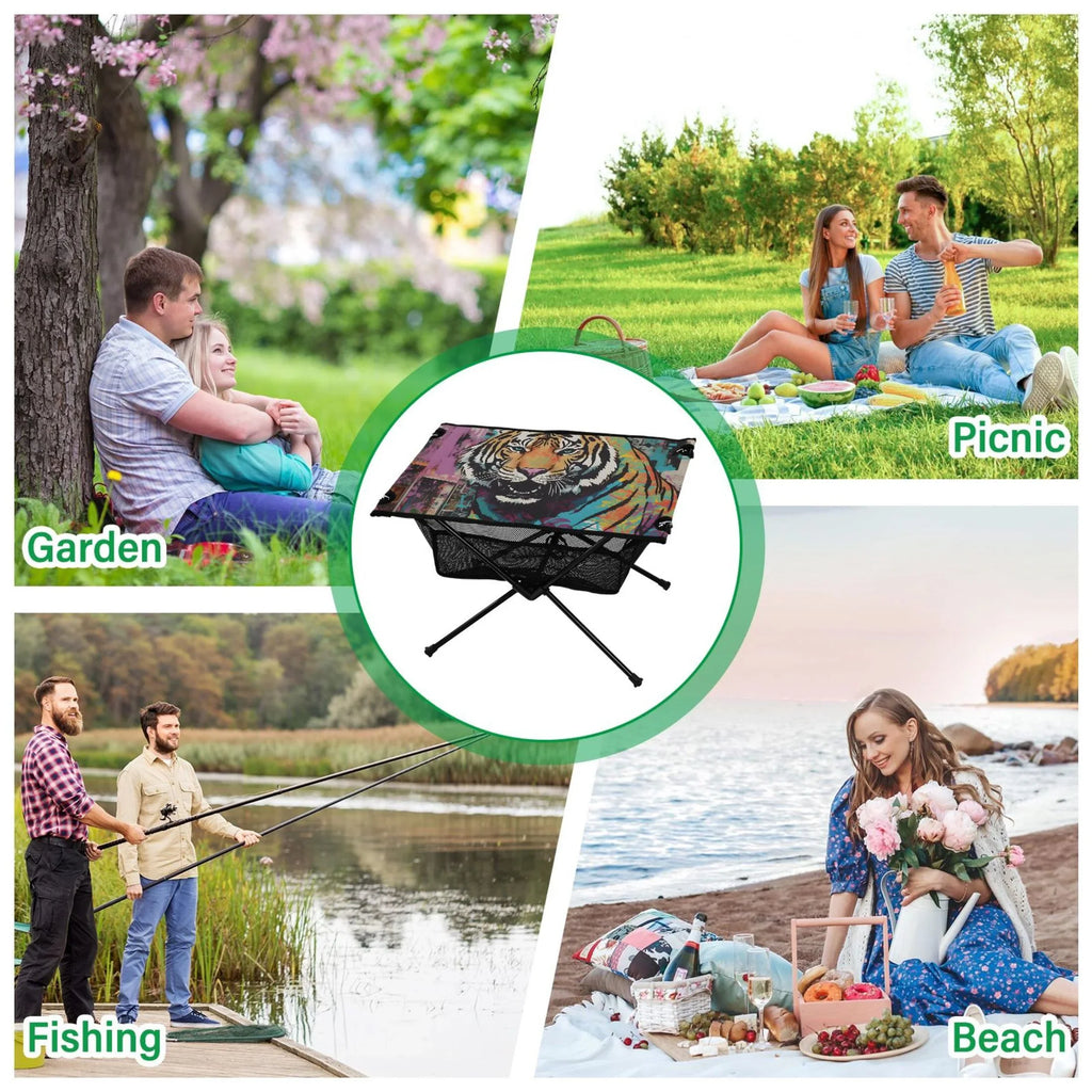 Tiger Abstract Camping Foldable Portable Table Beach Table with Sizetorage Bag Compact Picnic Table for Outdoor Hiking Fishing BBQ