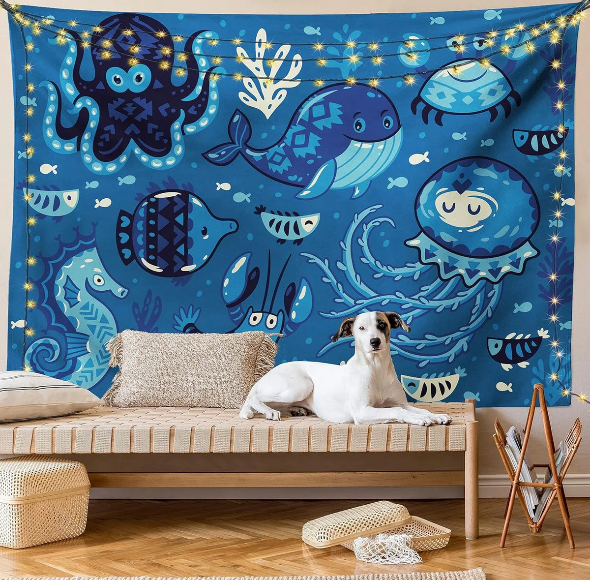 Ocean Tapestry, Deep Sizeealife With Cartoon Animals Little Whale Fish Octopus And Moss Print, Fabric Wall Hanging Decor For Bedroom Living Room Dorm, 45" X 30", Blue