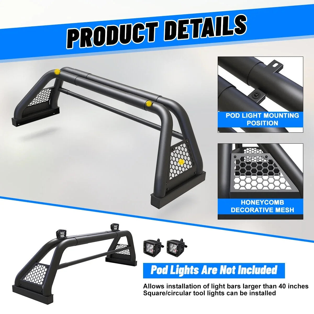 62.9-74.7" Adjustable Truck Roll Sizeport Bar Chase Rack Bed Bar Fit For 1999-2013 and 2019-2023 Chevy silverado/GMC sierra