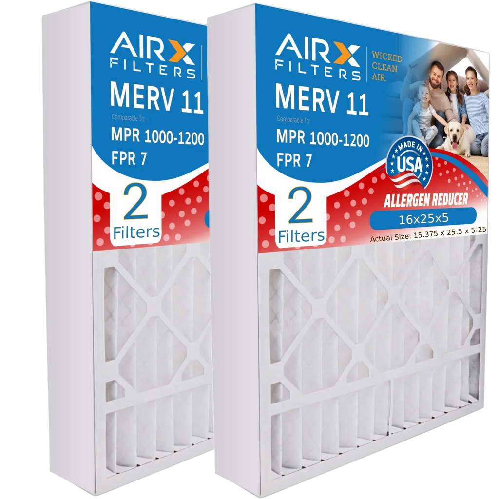 16x25x5 Air Filter MERV 11 Comparable to MPR 1000, MPR 1200 & FPR 7 Compatible with Goodman M1-1056 / Amana AMP-M1-1056 Premium USizeA Made 16x25x5 Furnace Filter 2 Pack by AIRX FILTERSize WICKED CLEAN AIR.
