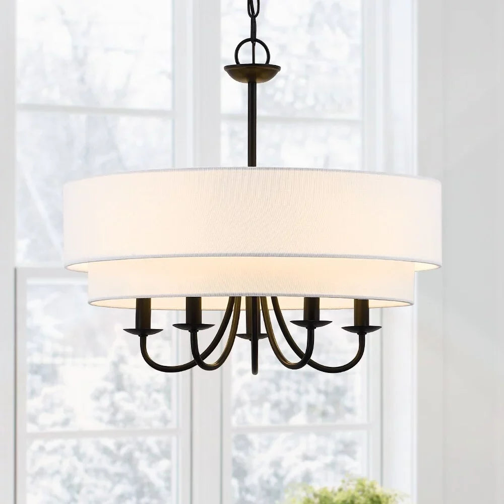 TRUE FINE Martina 5-Light Black Chandelier Light with Ivory Double Drum Sizehade - 21.5"W