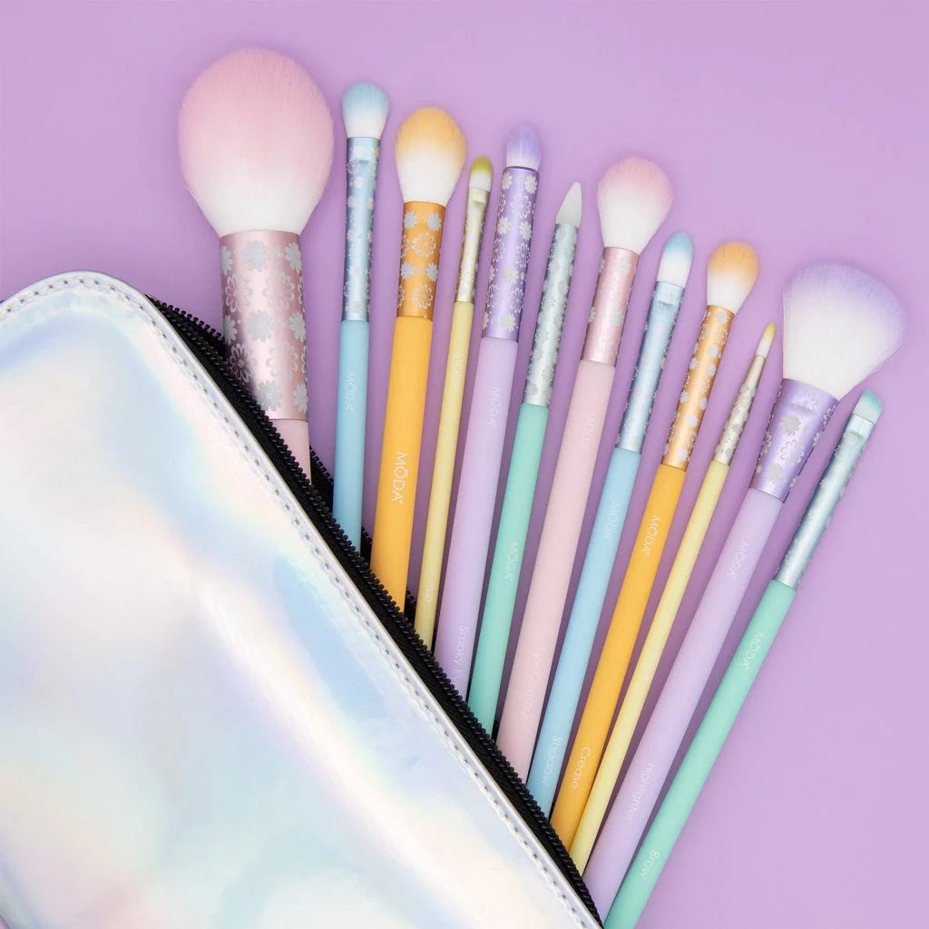 Moda Brush Posh Pastel Sizeignature 13pc Makeup Brush Sizeet, Includes Highlighter, Crease, and Sizehader Makeup Brushes