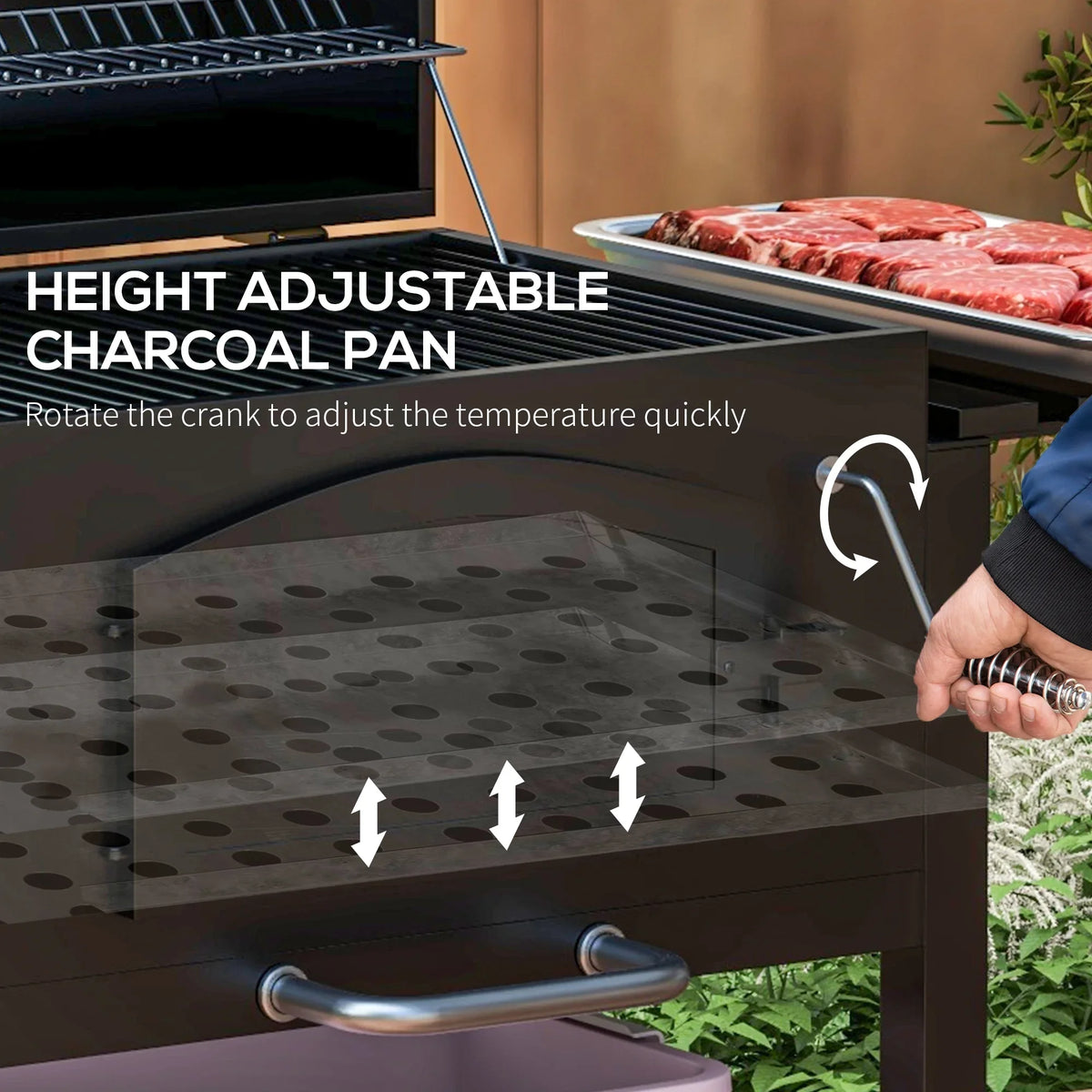 CoSizeoTower Charcoal Grill, BBQ with Adjustable Height, Portable Barbecue with Folding Sizehelves, Thermometer, Bottle Opener & Wheels for Outdoor Camping, Picnic, Patio, Backyard, Black