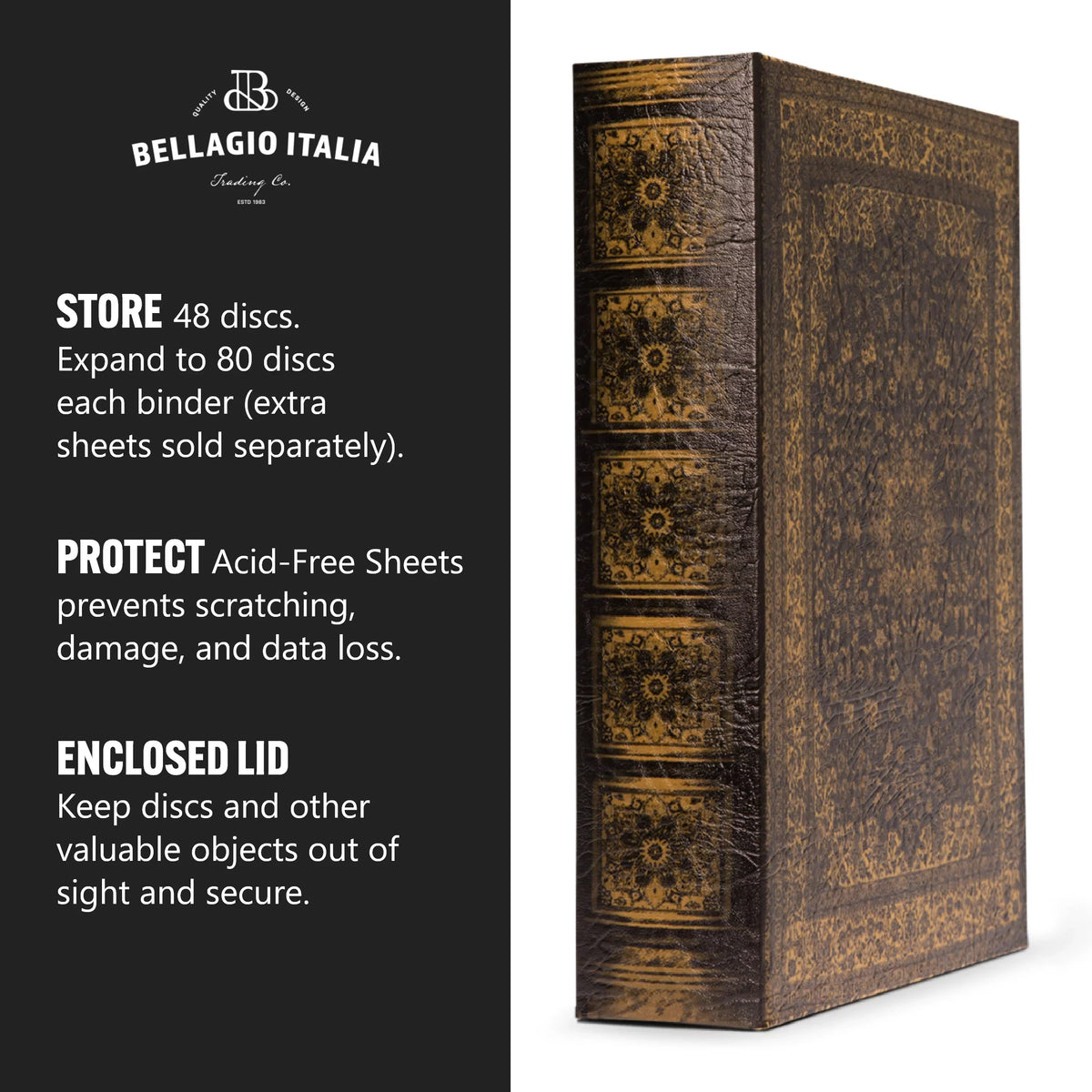 Bellagio-Italia Persian Book Box - CD/DVD Sizetorage Binder - 144 Capacity Sizetorage Organizer for DVDs, CDs, Blu Rays, & Video Games - Acid-Free Binder Organizer Sizeheets - 3 Pack