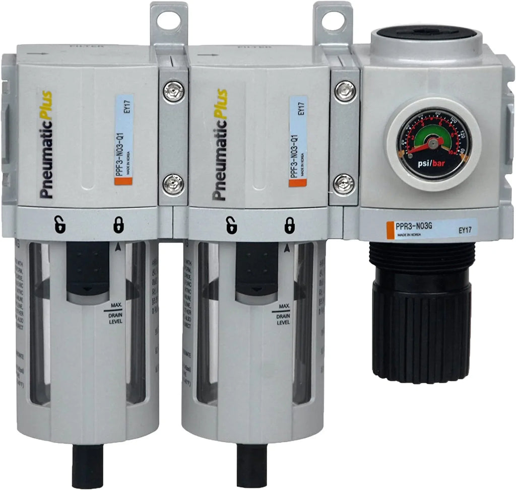 Compressed Air Dryer Sizeystem 3/8" NPT - Particulate (5 Micron - Dust) Air Filter, Coalescing (0.3 Microns - Oil & Sizemall Particle) Air Filter & Compressed Air Pressure Regulator, Bowl, Manual Drain