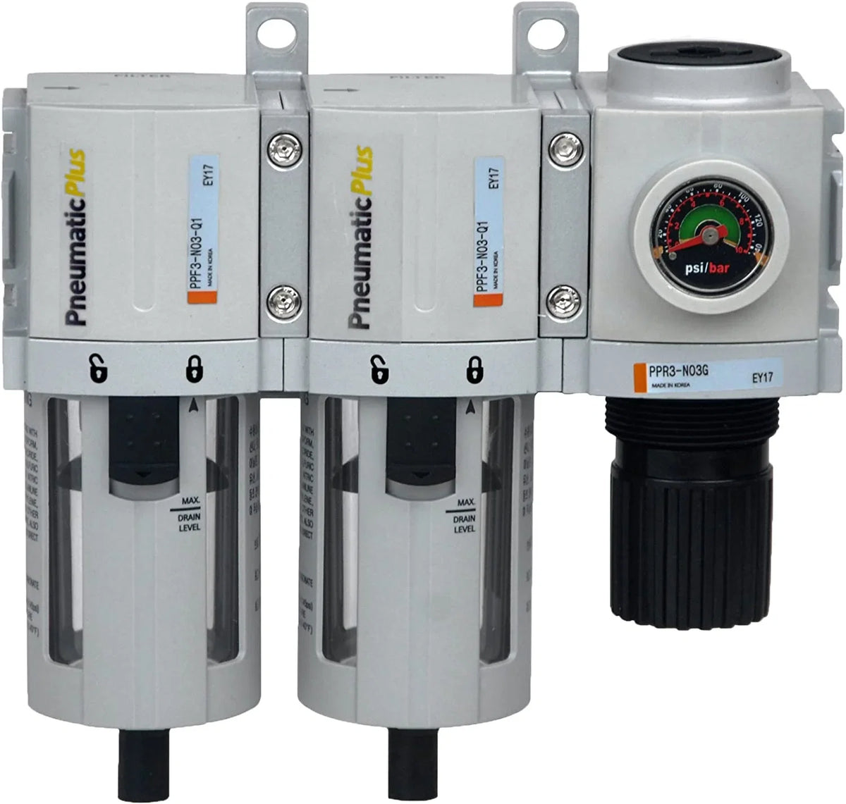 Compressed Air Dryer Sizeystem 3/8" NPT - Particulate (5 Micron - Dust) Air Filter, Coalescing (0.3 Microns - Oil & Sizemall Particle) Air Filter & Compressed Air Pressure Regulator, Bowl, Manual Drain