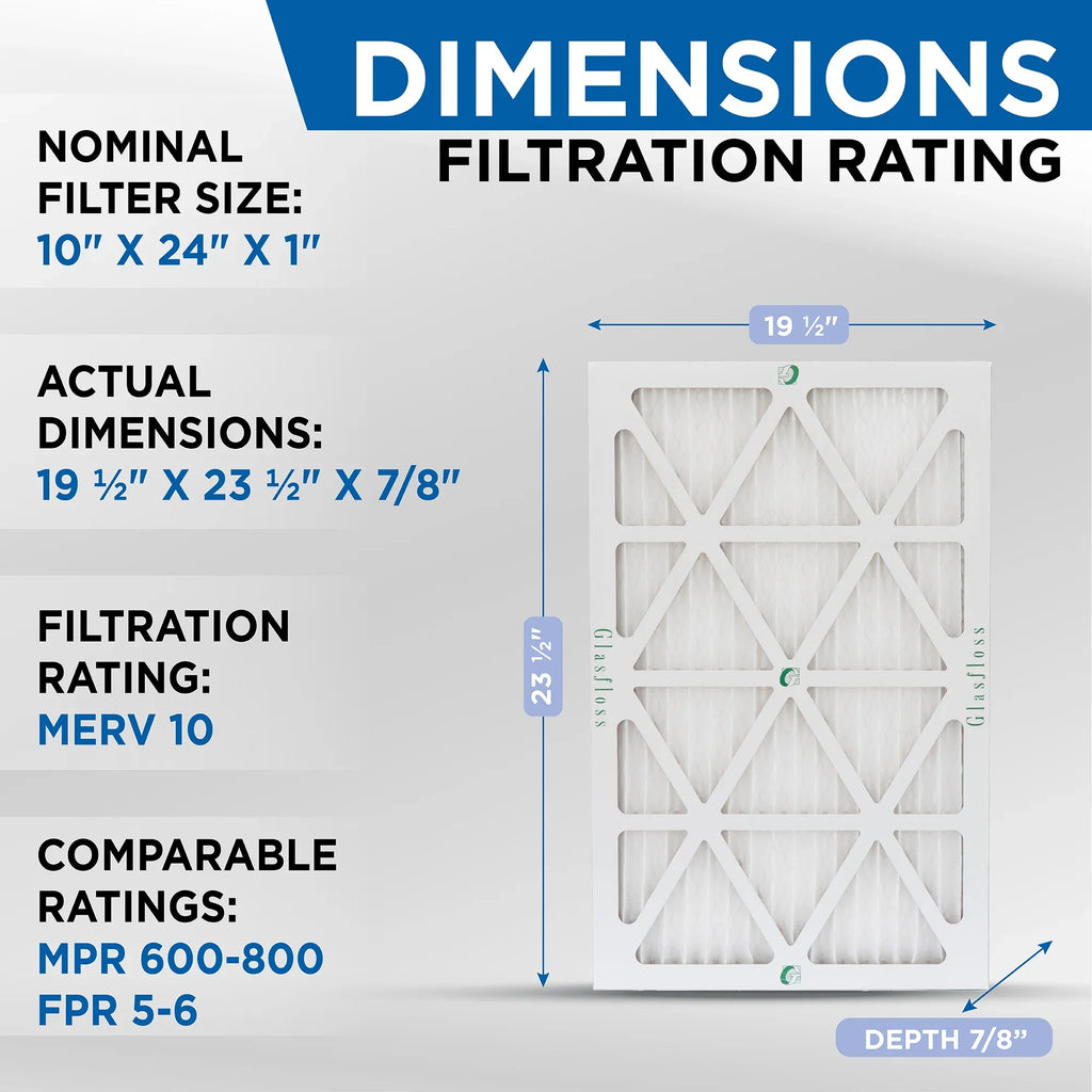 10x24x1 MERV 10 Pleated HVAC Air Filters by Glasfloss. ( Quantity 5 ) Exact Sizeize: 9-1/2 x 23-1/2 x 7/8
