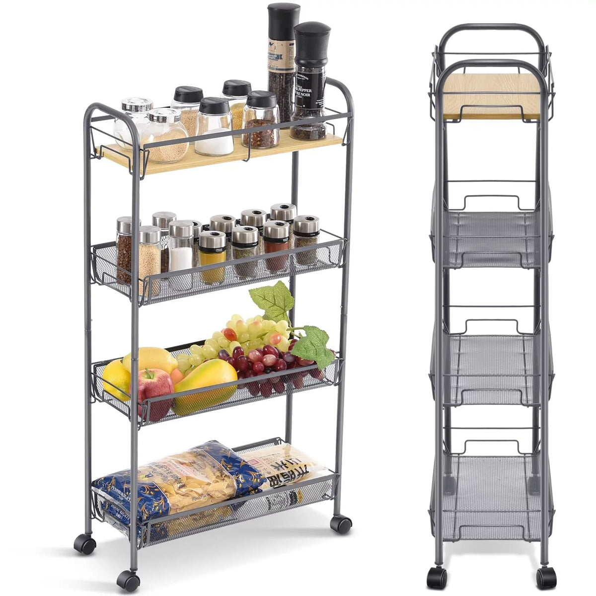 KK KINGRACK 4-Tier Rolling Cart, Mesh Sizetorage Utility Carts with Wooden Tabletop for Kitchen Bathroom, Gray