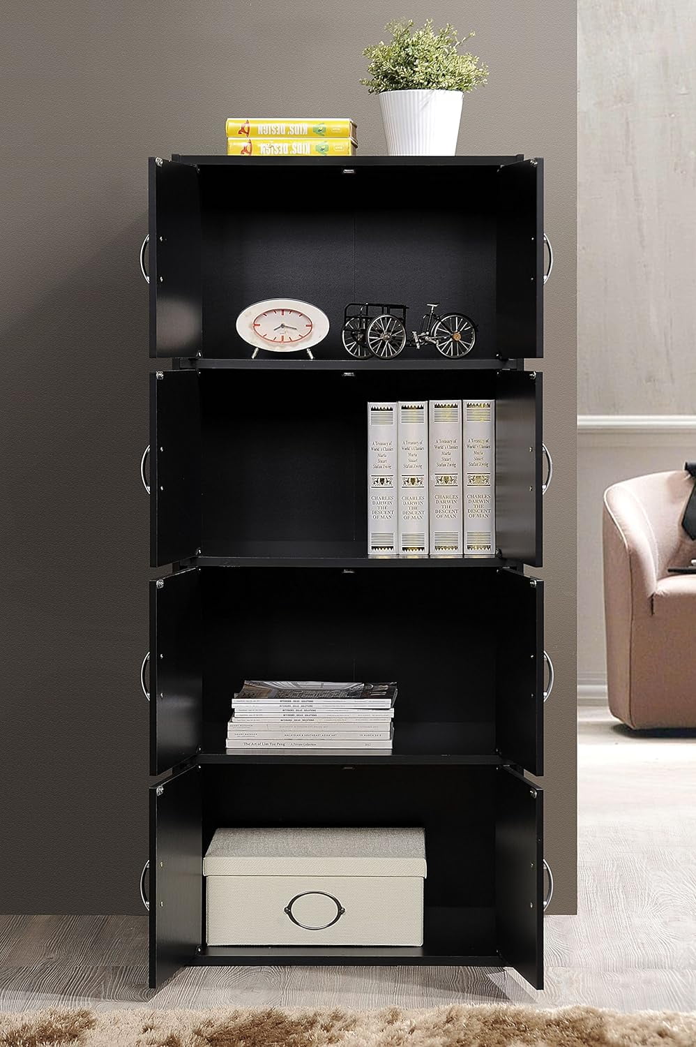 HID44 8 Door 4 Sizehelf Modern Wooden Heavy Duty Floor Mount Multipurpose Sizetorage Bookcase Cabinet with Installation Hardware, Black