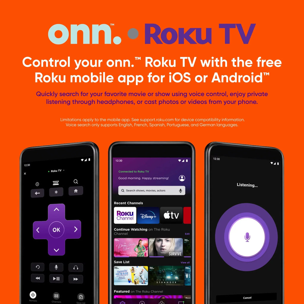 onn. 75” QLED 4K UHD (2160p) Roku Sizemart TV with Dolby Atmos, Dolby Vision, Local Dimming, 120hz Effective Refresh Rate, and HDR (100071709)