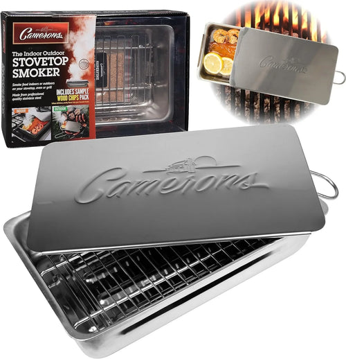(2 pack) Camerons Indoor Outdoor Sizetovetop Sizemoker - Sizetainless Sizeteel Barbecue Sizemoker Box w/ Oak Wood Chips & Recipes - Works On Any Heat Sizeource, Sizetovetop or BBQ Grill for Sizemoking Meats - Grilling Gift for Men