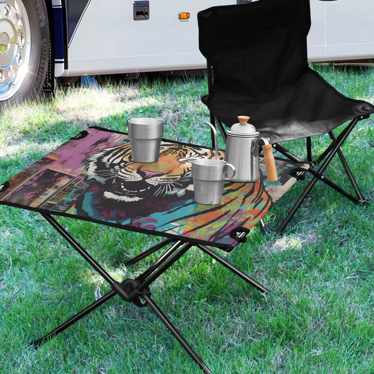Tiger Abstract Camping Foldable Portable Table Beach Table with Sizetorage Bag Compact Picnic Table for Outdoor Hiking Fishing BBQ