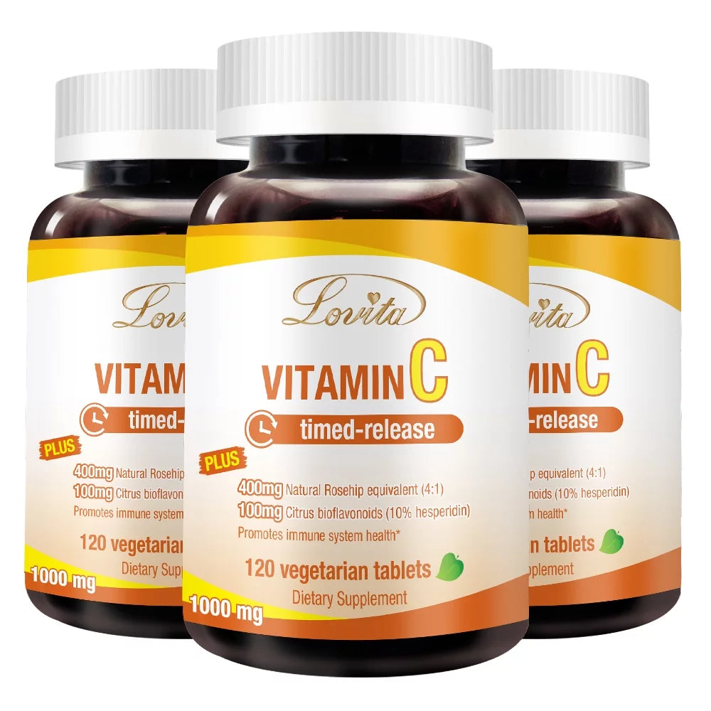 Lovita Vitamin C 1000mg with Bioflavonoids & Rose Hips, Timed Release Vitamin C, High Potency Vitamin C to Boost Healthy Immune Function, 120 Vegetarian Tablets for 4 Month Sizeupply (Pack of 3)