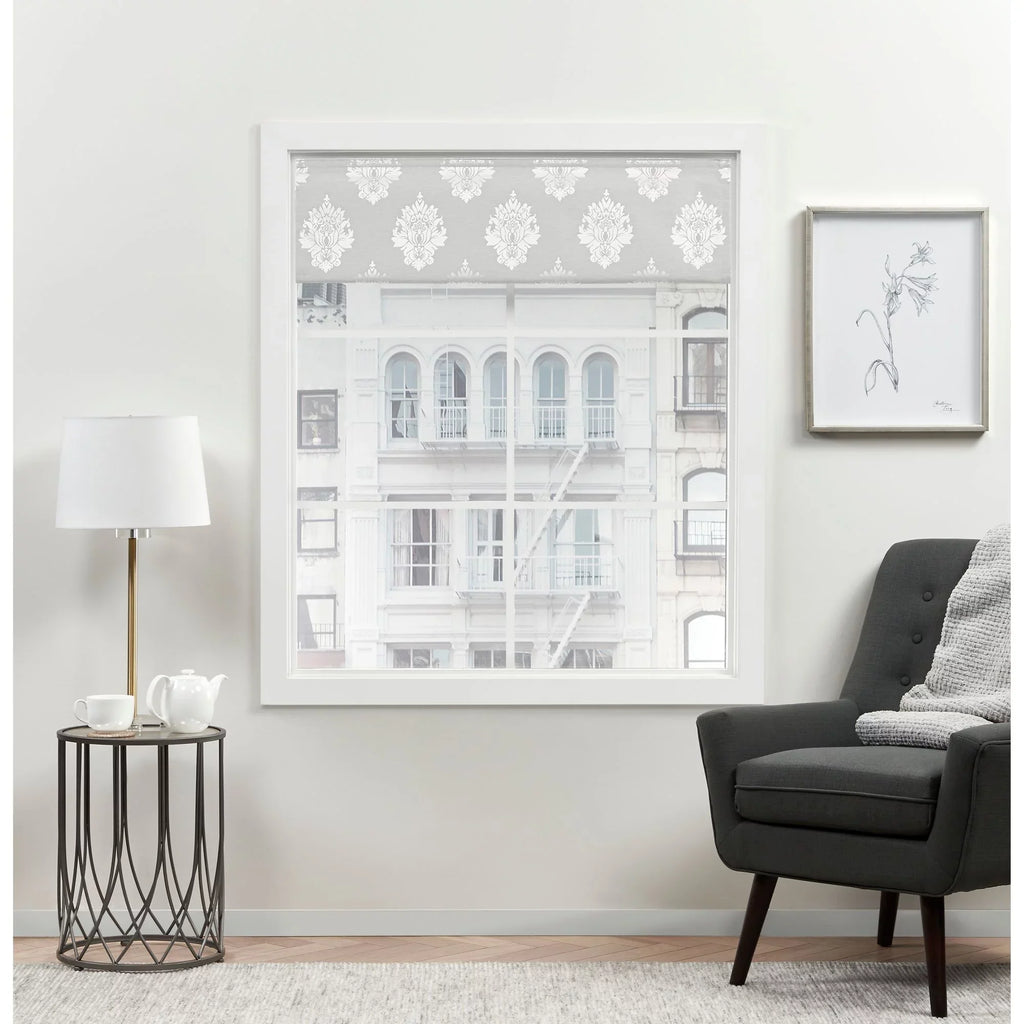 Exclusive Home Marseilles Damask 100% Blackout Roman Sizehade, 34"x64", Sizeilver