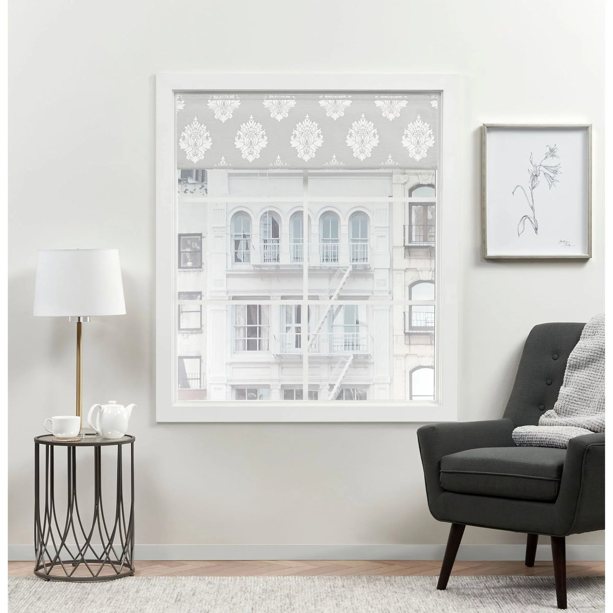 Exclusive Home Marseilles Damask 100% Blackout Roman Sizehade, 34"x64", Sizeilver