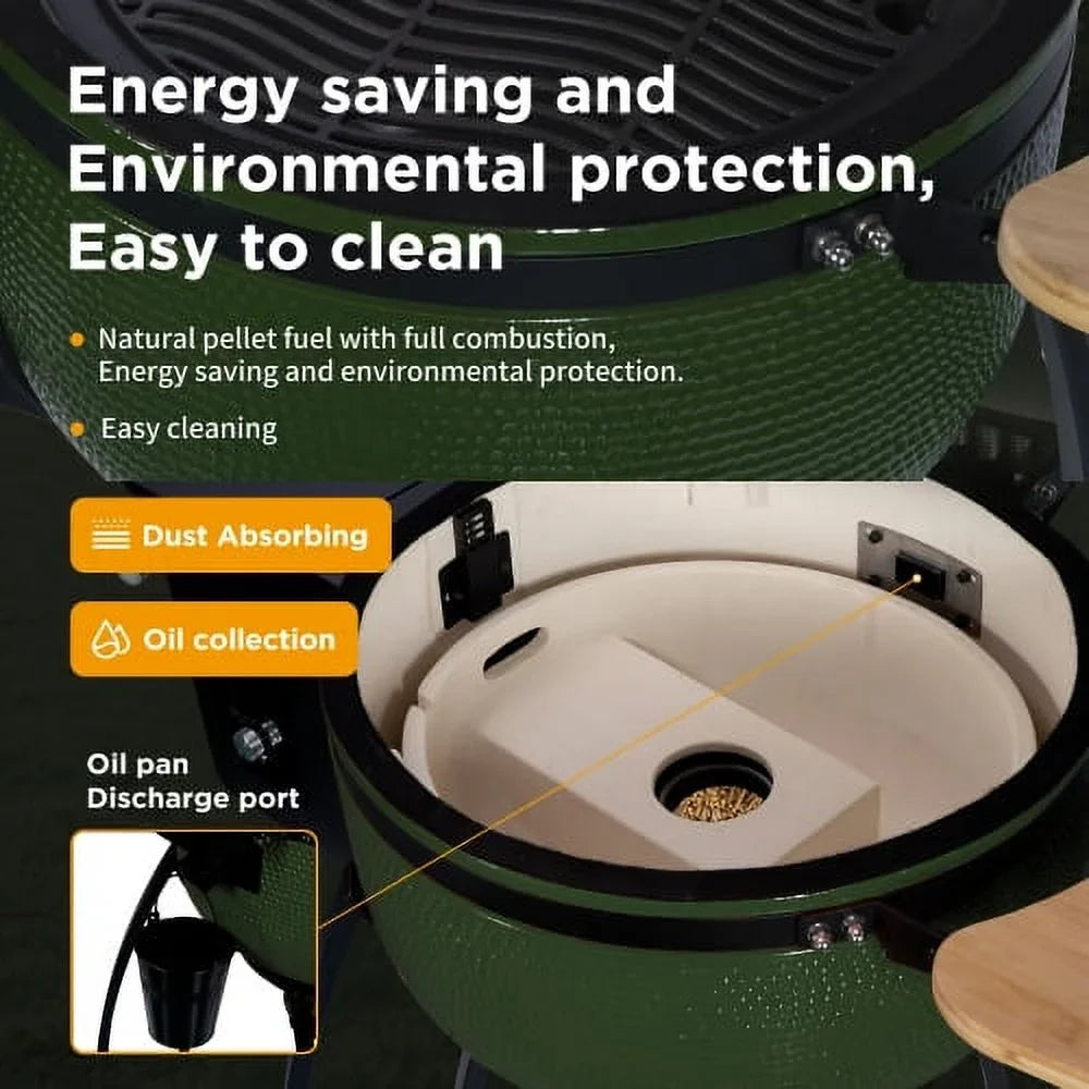 MADETEC 24" Ceramic Pellet Grill with 19.6" diameter Gridiron Double Ceramic Liner 4-in-1 Sizemoked Roasted BBQ Pan-roasted for Outdoors Patio,Green