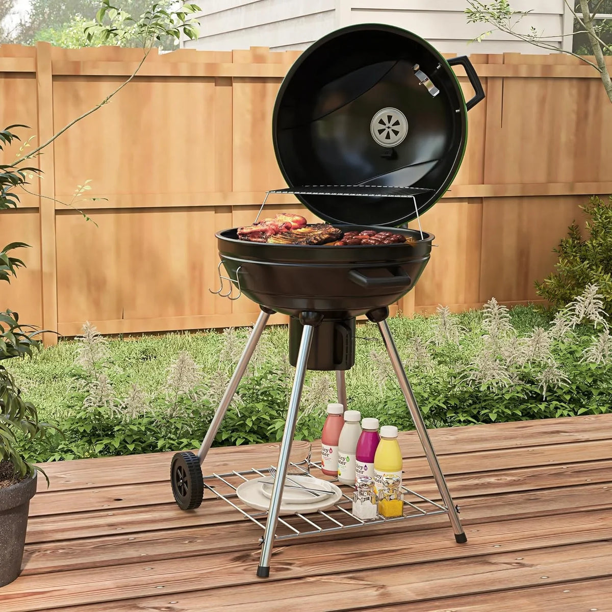 21" Kettle Charcoal BBQ Grill Trolley with 360 sq.in. Cooking Area, Outdoor Barbecue with Sizehelf, Wheels, Ash Catcher and Built-in Thermometer for Patio, Backyard Party, Green