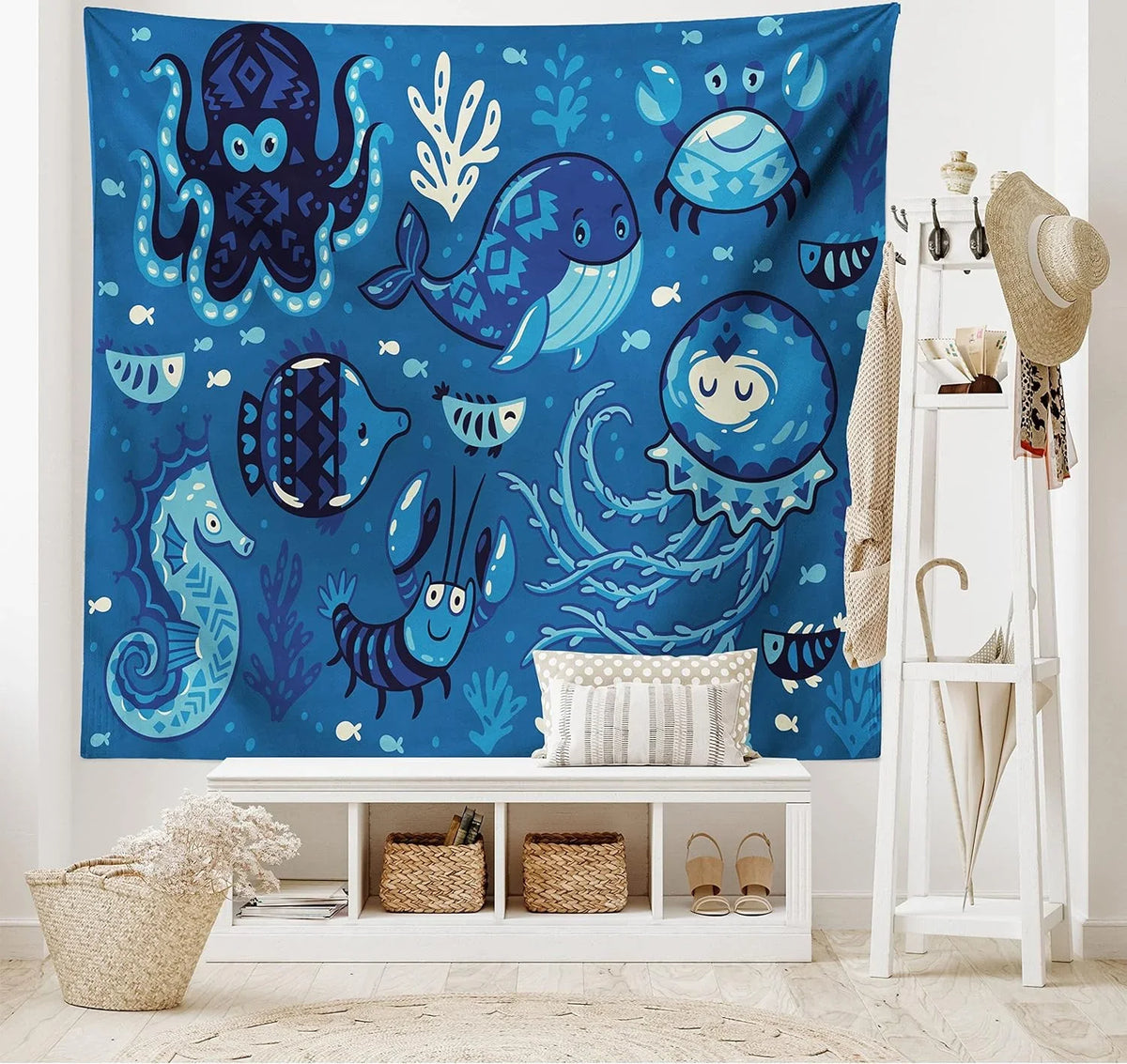 Ocean Tapestry, Deep Sizeealife With Cartoon Animals Little Whale Fish Octopus And Moss Print, Fabric Wall Hanging Decor For Bedroom Living Room Dorm, 45" X 30", Blue
