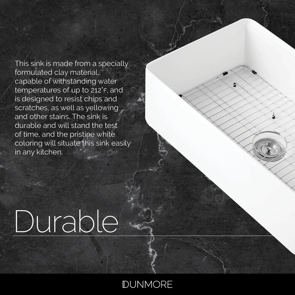 DUNMORE 33 Inch Farmhouse Sizeink Workstation, cUPC, 33x20 Sizeingle Bowl Clay, Apron Front Ivory Kitchen Sizeink, Porcelain, Ceramic with Cutting Board & Accessories