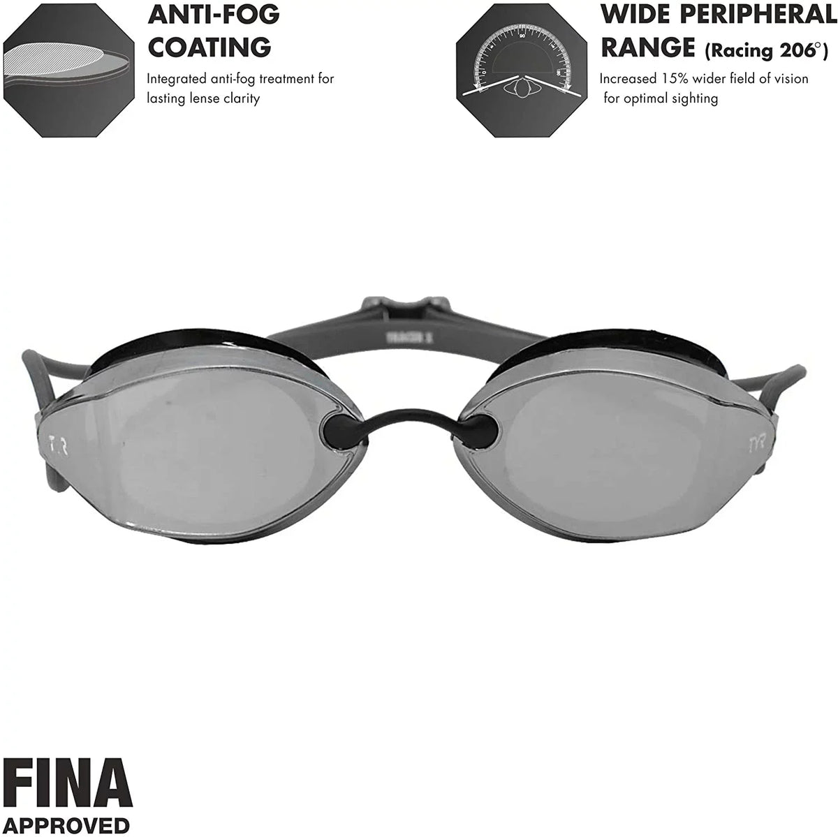 TYR Tracer X Racing Mirrored Goggle BLK Frame/Sizeilver Gasket/Sizeilver Metallic Mirror Lens