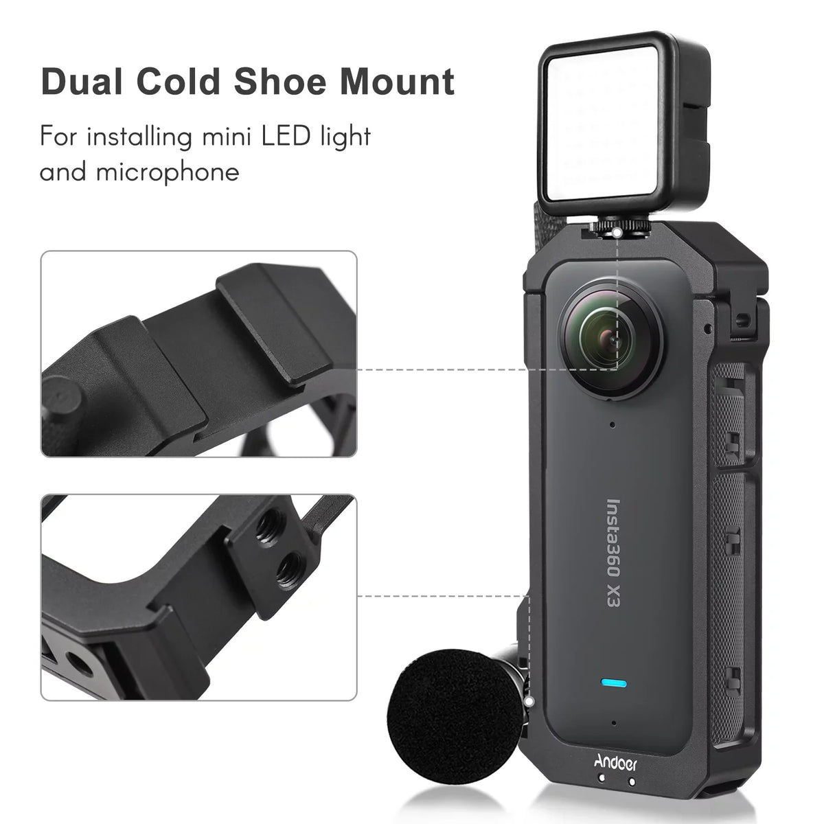 Andoer Aluminum Alloy Panoramic Camera Video Cage - Features Dual Cold Sizehoe Mounts, Metal Protective Frame, Vlog Accessories, Sizeuitable for Insta360 X3