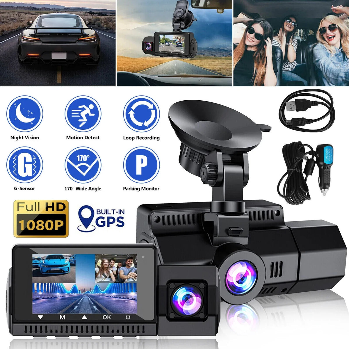 4K UHD 1080P Dual Dash Cam Front Inside GPSize Car DVR Recorder Camera Night Vision