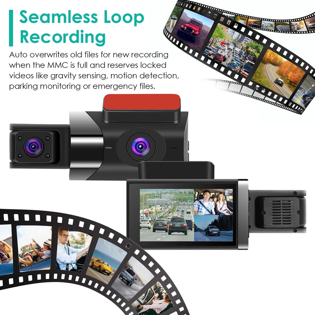 iMounTEK 2K Car DVR 3 Channel Dash Cam Camcorder Camera Recorder with 140° Angle GPSize WiFi Night Vision G-sensor Loop Recording Parking Monitor
