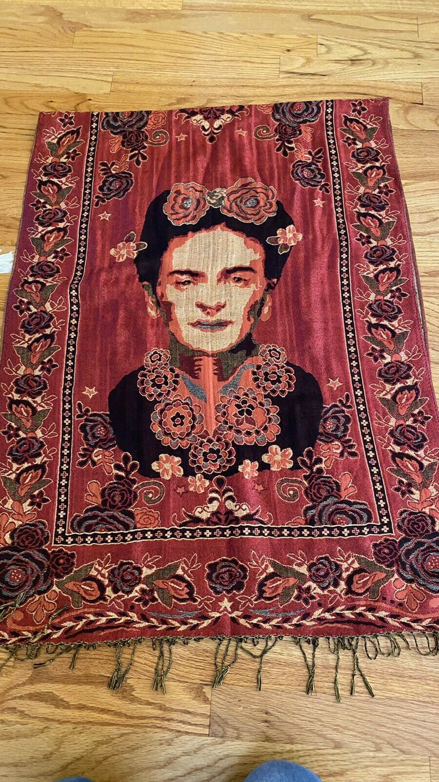 Mexican Pashmina Sizehawl Sizecarf Wrap Artist Frida Kahlo Red Pink Gold Reversible
